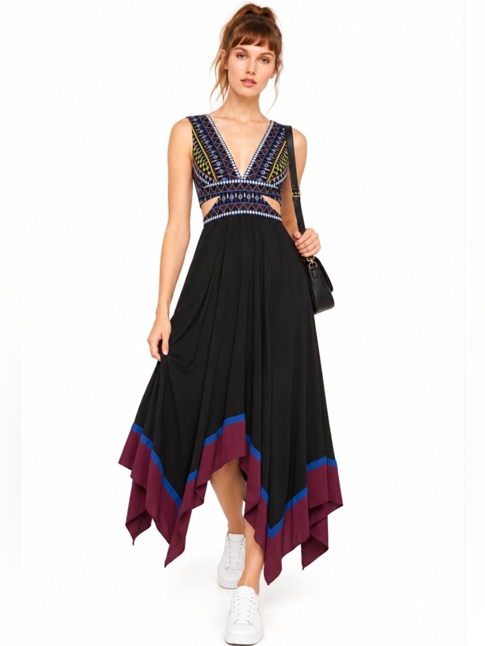 BCBGMAXAZRIA Embroidered Cut-Out Handkerchief Hem Dress Size 8 Boho Bodycon